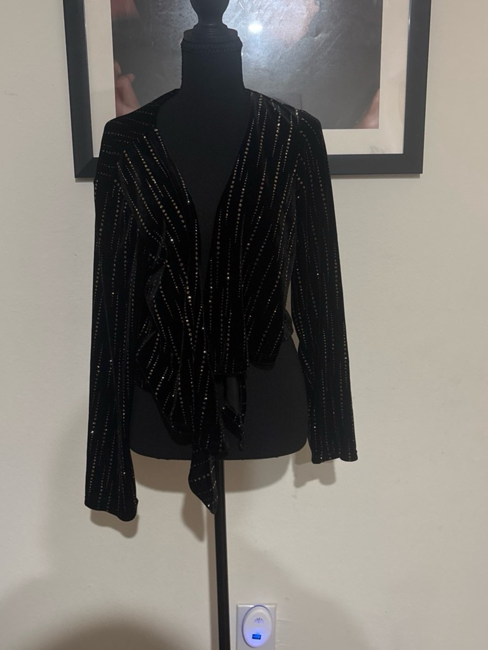 Notations Black Velvet Tie-Front Jacket with Metallic Stripes